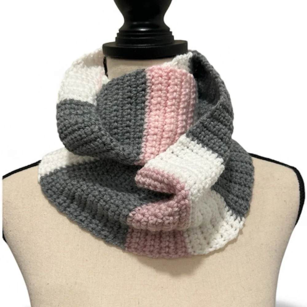 Striped Knit Scarf - Pink, Gray, and White